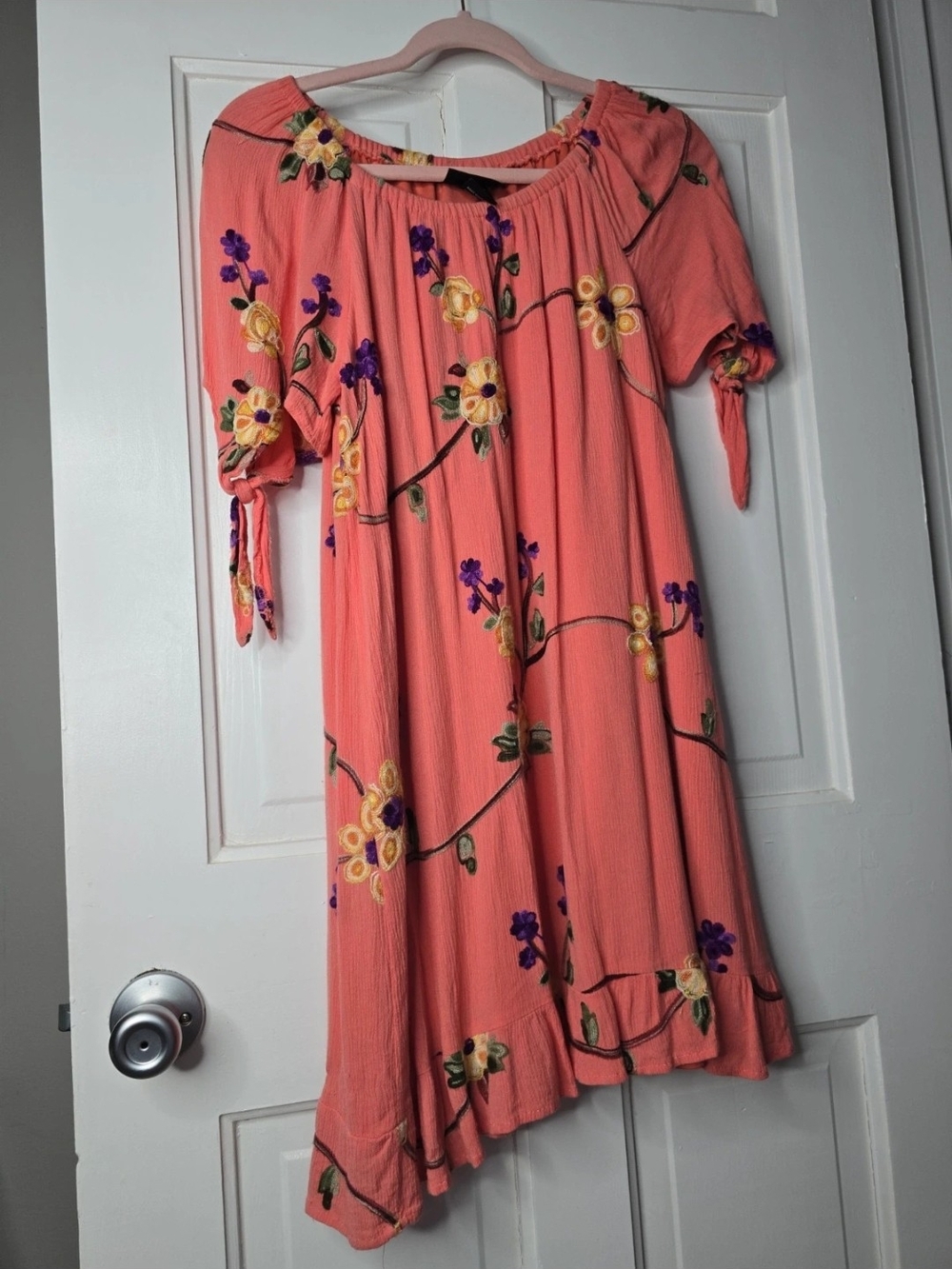 Coral Off-Shoulder Floral Tie-Sleeve Dress